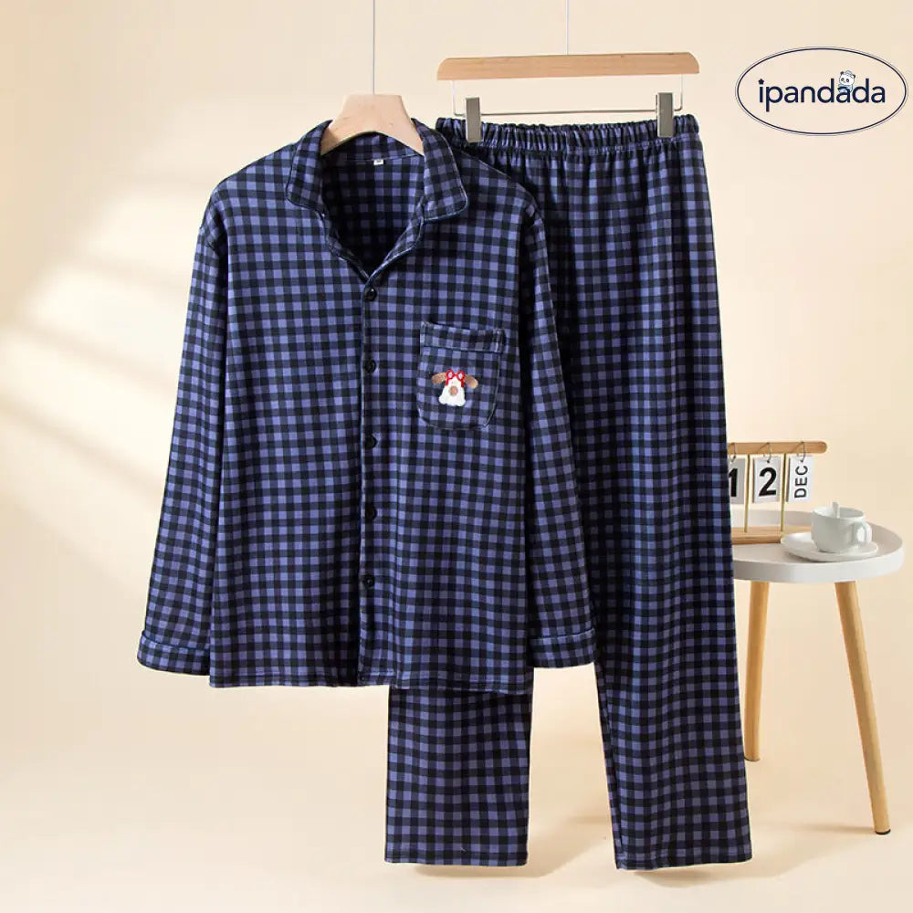 カップル パジャマ 秋冬用 薄手 フリース 保温 長袖 女性 ルームウェア デロン チェック柄 セット 男性用 冬用 裏起毛 ID2789