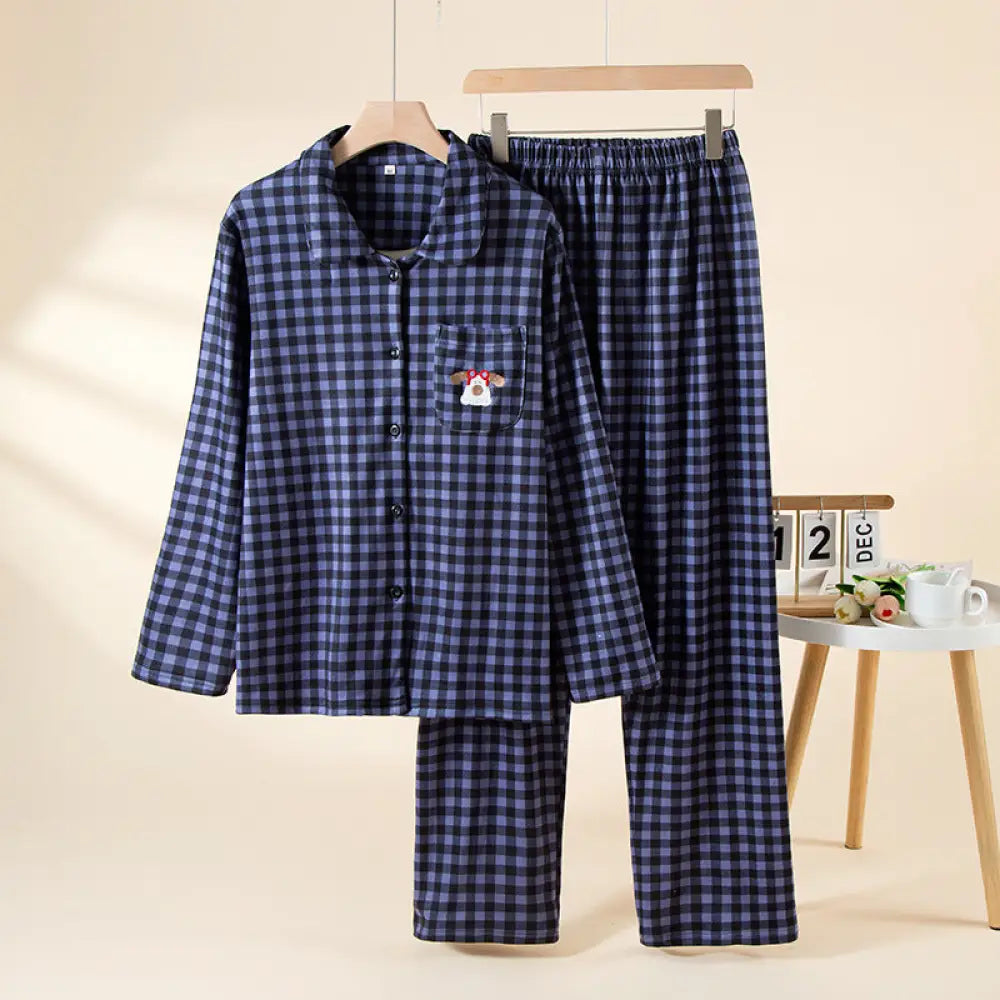 カップル パジャマ 秋冬用 薄手 フリース 保温 長袖 女性 ルームウェア デロン チェック柄 セット 男性用 冬用 裏起毛 ID2789 女性用 / M