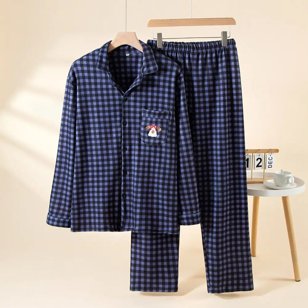 カップル パジャマ 秋冬用 薄手 フリース 保温 長袖 女性 ルームウェア デロン チェック柄 セット 男性用 冬用 裏起毛 ID2789 男性用 / M
