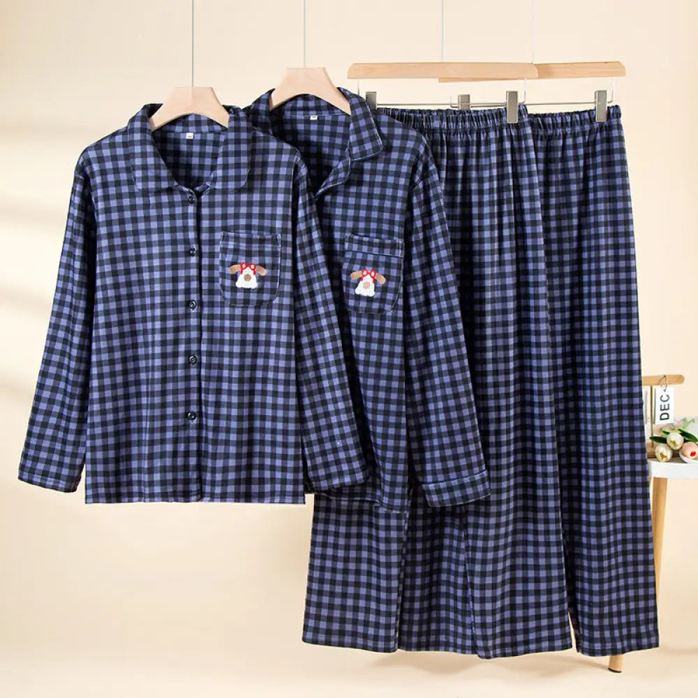 カップル パジャマ 秋冬用 薄手 フリース 保温 長袖 女性 ルームウェア デロン チェック柄 セット 男性用 冬用 裏起毛 ID2789