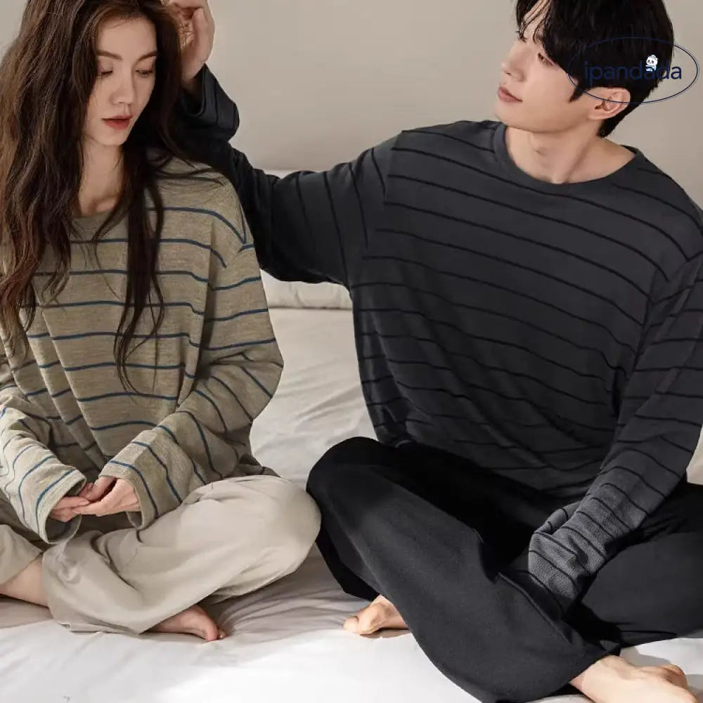 カップル パジャマ レディース 春秋 新作 柔らかい コットン 長袖 ゆったり ルームウェア カジュアル ストライプ メンズ 大きいサイズ セット ID4347