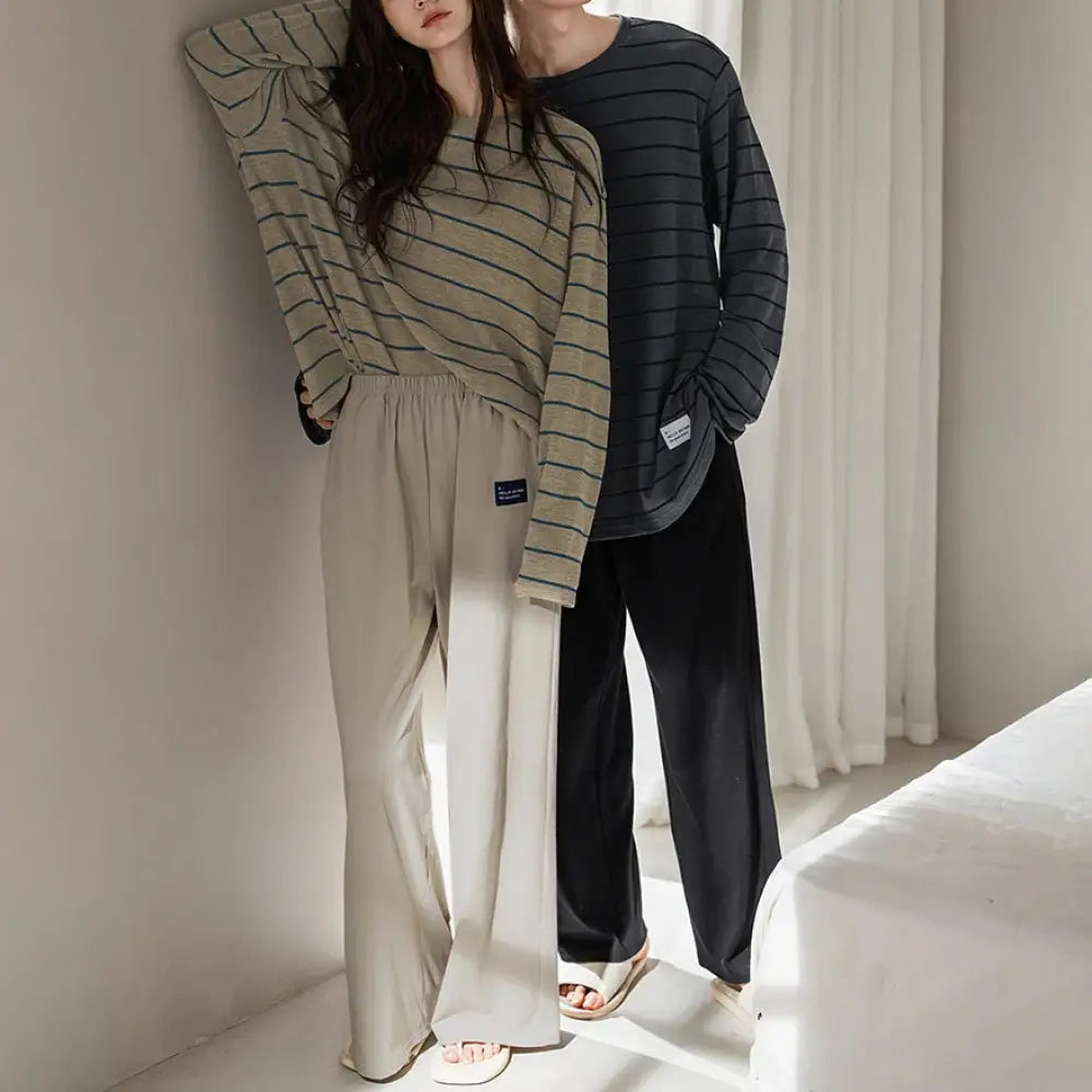 カップル パジャマ レディース 春秋 新作 柔らかい コットン 長袖 ゆったり ルームウェア カジュアル ストライプ メンズ 大きいサイズ セット ID4347