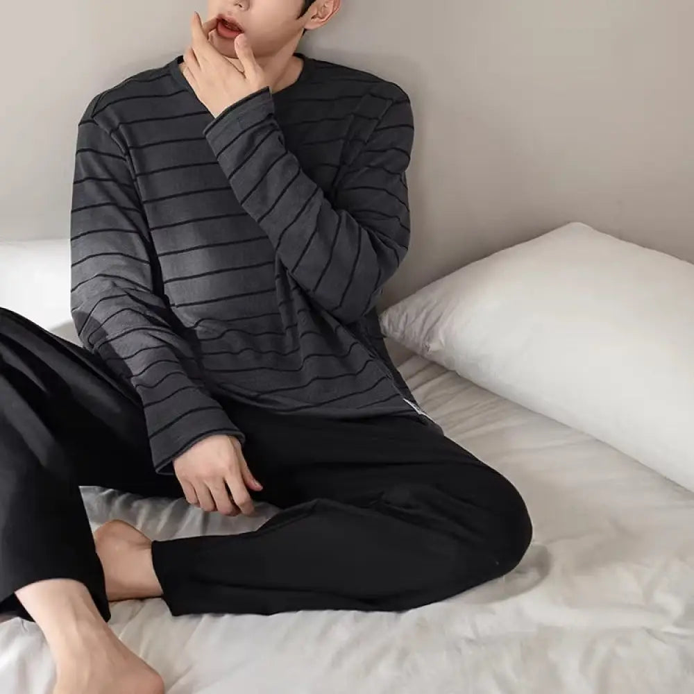 カップル パジャマ レディース 春秋 新作 柔らかい コットン 長袖 ゆったり ルームウェア カジュアル ストライプ メンズ 大きいサイズ セット ID4347 写真通り / メンズL