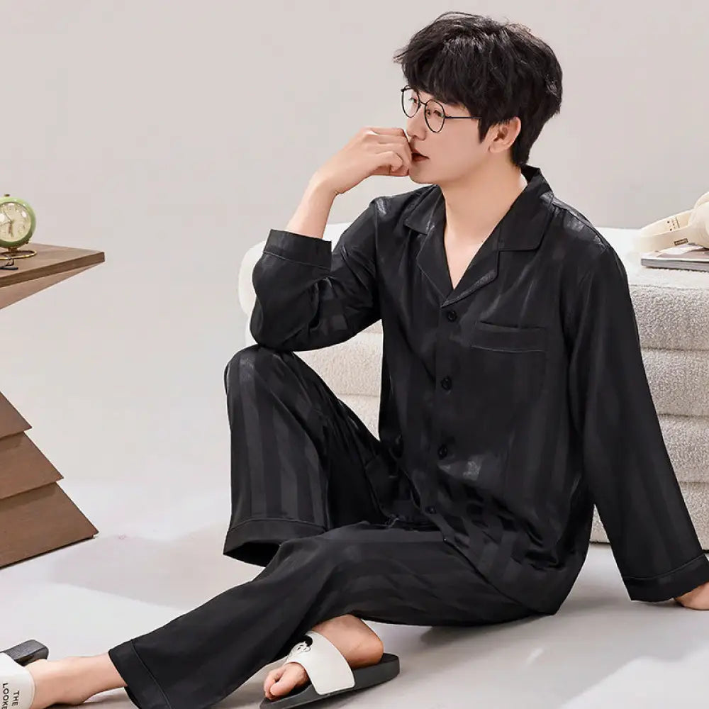 カップル パジャマ レディース 春夏 シルクタッチ 薄手 高級感 ラグジュアリー ストライプセット メンズ リラックス ルームウェア 夏 ID4701 - ブラック / メンズL