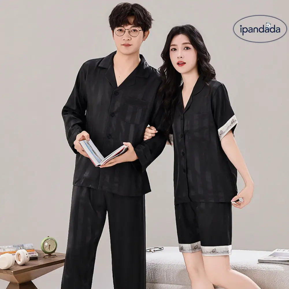 カップル パジャマ レディース 春夏 シルクタッチ 薄手 高級感 ラグジュアリー ストライプセット メンズ リラックス ルームウェア 夏 ID4701