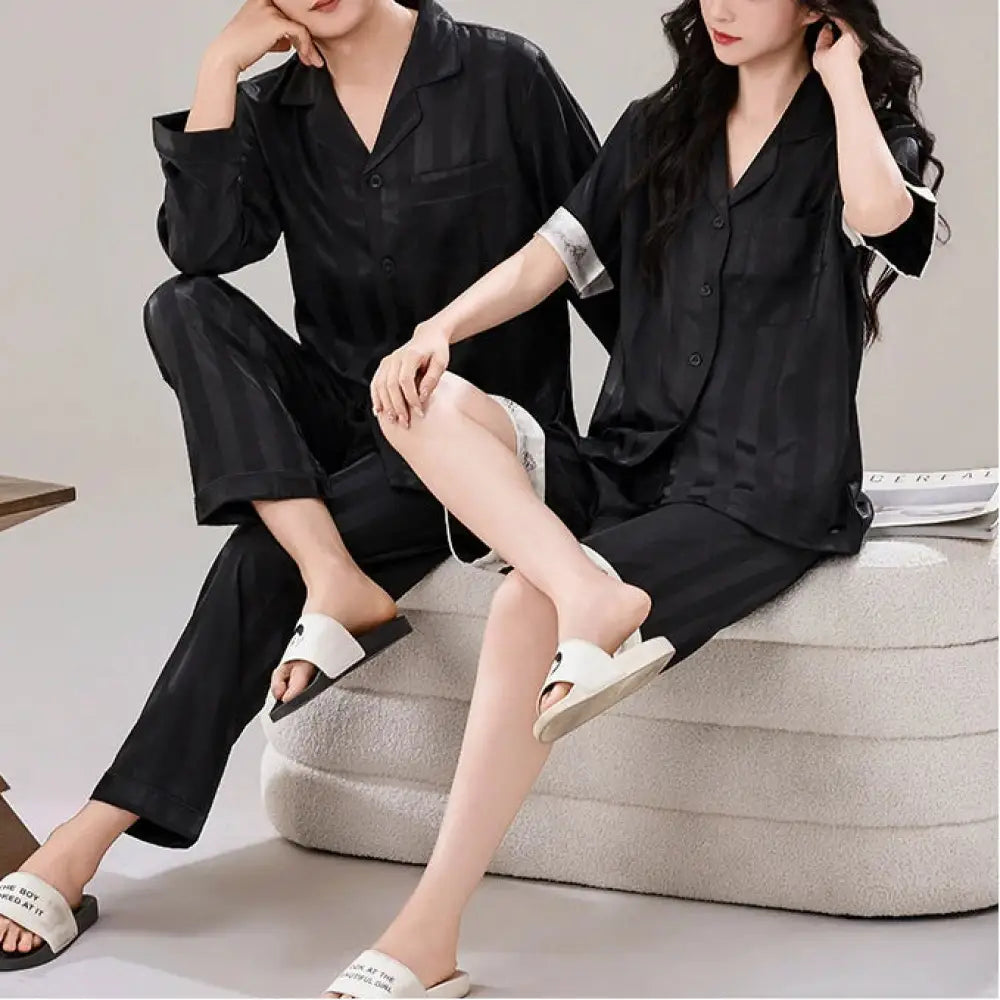 カップル パジャマ レディース 春夏 シルクタッチ 薄手 高級感 ラグジュアリー ストライプセット メンズ リラックス ルームウェア 夏 ID4701