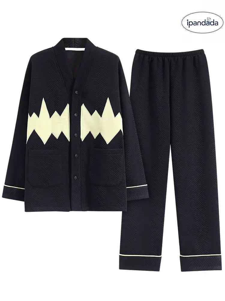 カップル パジャマ レディース 冬季 エアコットン 中綿 厚手 長袖 メンズ セットアップ カーディガン 和風 春秋 ルームウェア ID2622