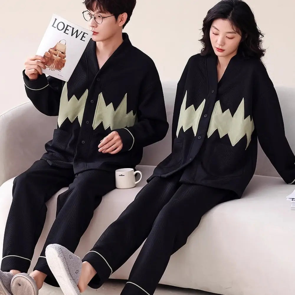カップル パジャマ レディース 冬季 エアコットン 中綿 厚手 長袖 メンズ セットアップ カーディガン 和風 春秋 ルームウェア ID2622 タイプ① / レディースＭ