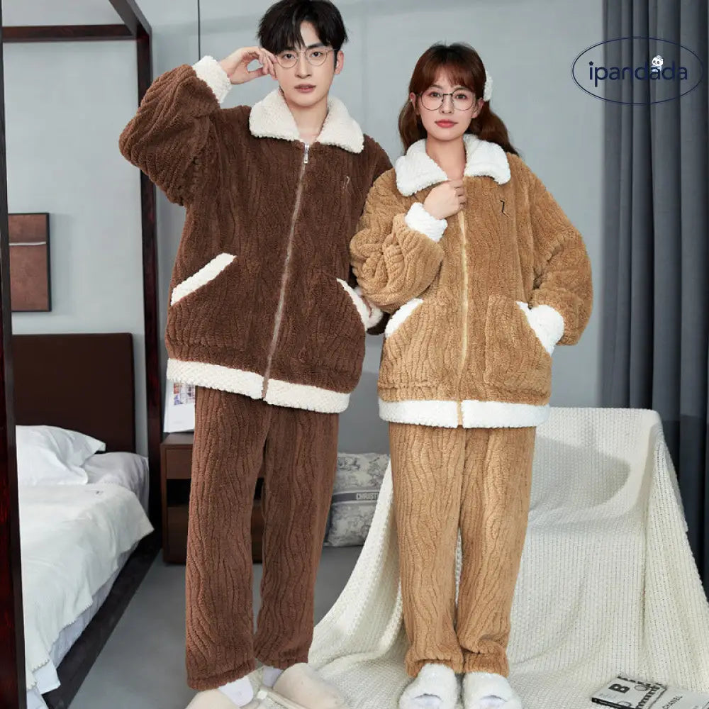 カップル パジャマ レディース コーラルフリース 秋冬用 厚手 裏起毛 メンズ フランネル ルームウェア セット ID3580