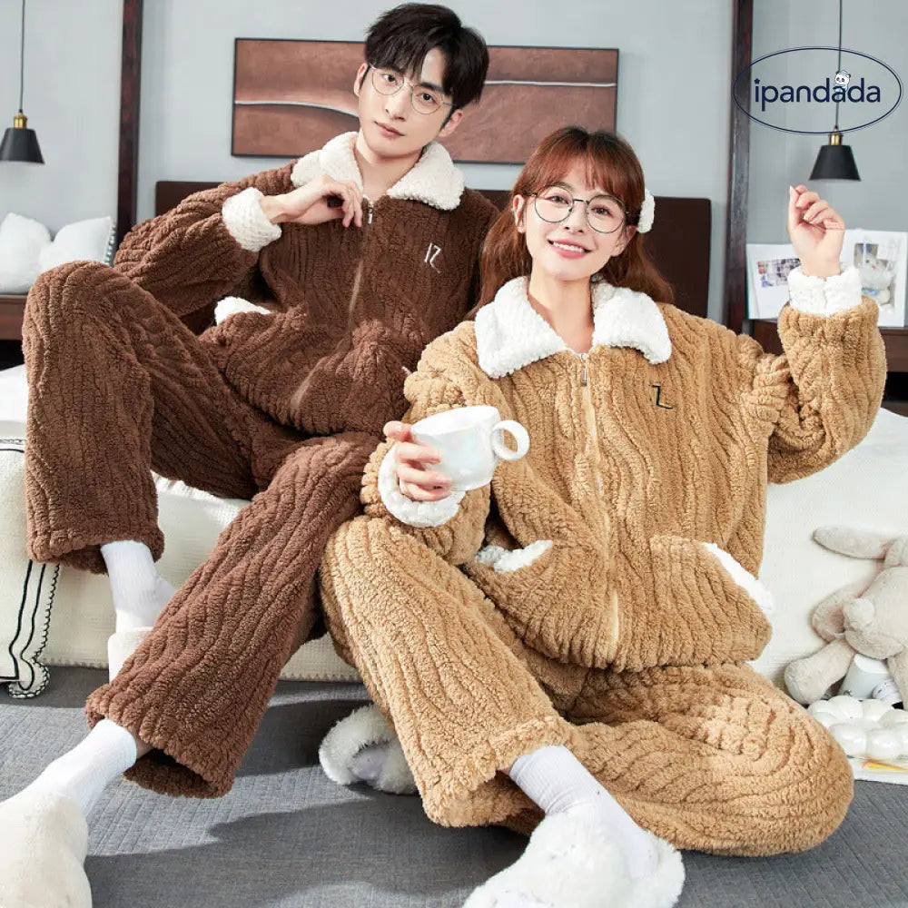 カップル パジャマ レディース コーラルフリース 秋冬用 厚手 裏起毛 メンズ フランネル ルームウェア セット ID3580