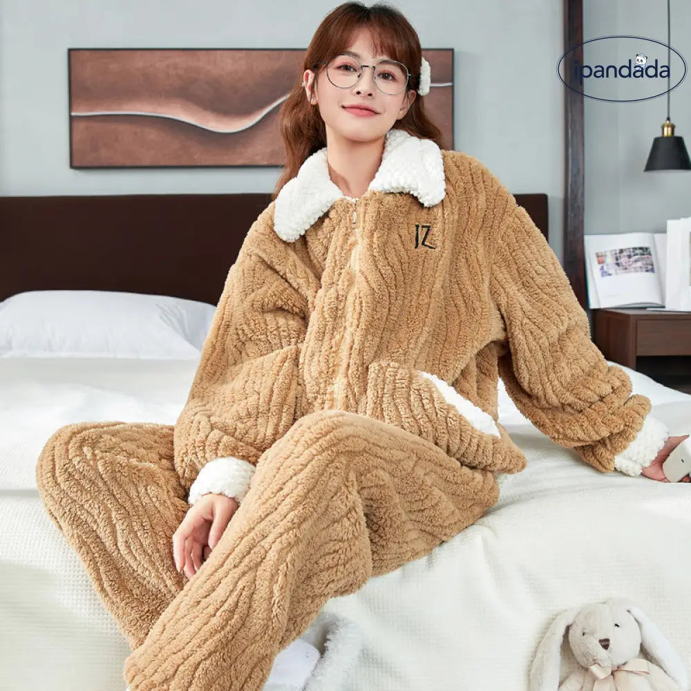 カップル パジャマ レディース コーラルフリース 秋冬用 厚手 裏起毛 メンズ フランネル ルームウェア セット ID3580