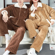 カップル パジャマ レディース コーラルフリース 秋冬用 厚手 裏起毛 メンズ フランネル ルームウェア セット ID3580