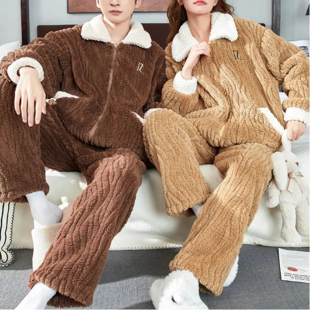 カップル パジャマ レディース コーラルフリース 秋冬用 厚手 裏起毛 メンズ フランネル ルームウェア セット ID3580