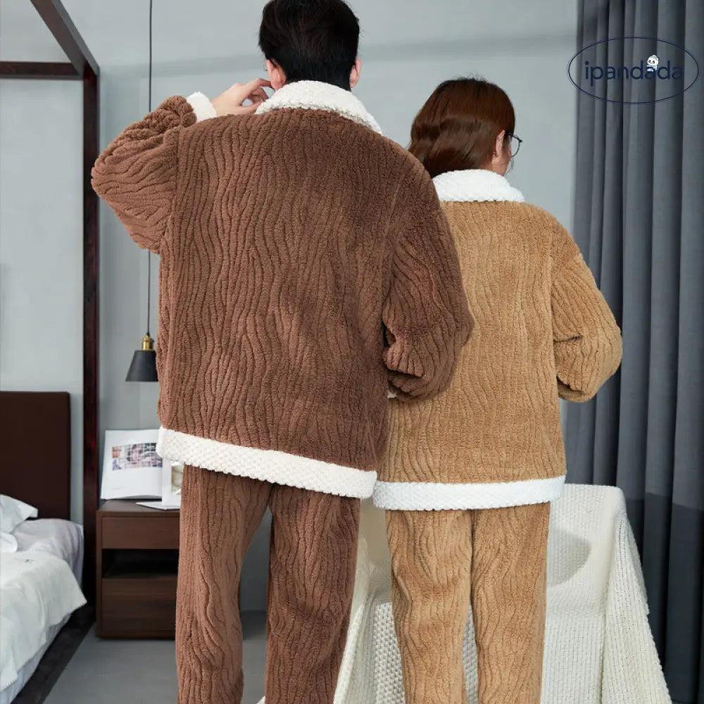 カップル パジャマ レディース コーラルフリース 秋冬用 厚手 裏起毛 メンズ フランネル ルームウェア セット ID3580