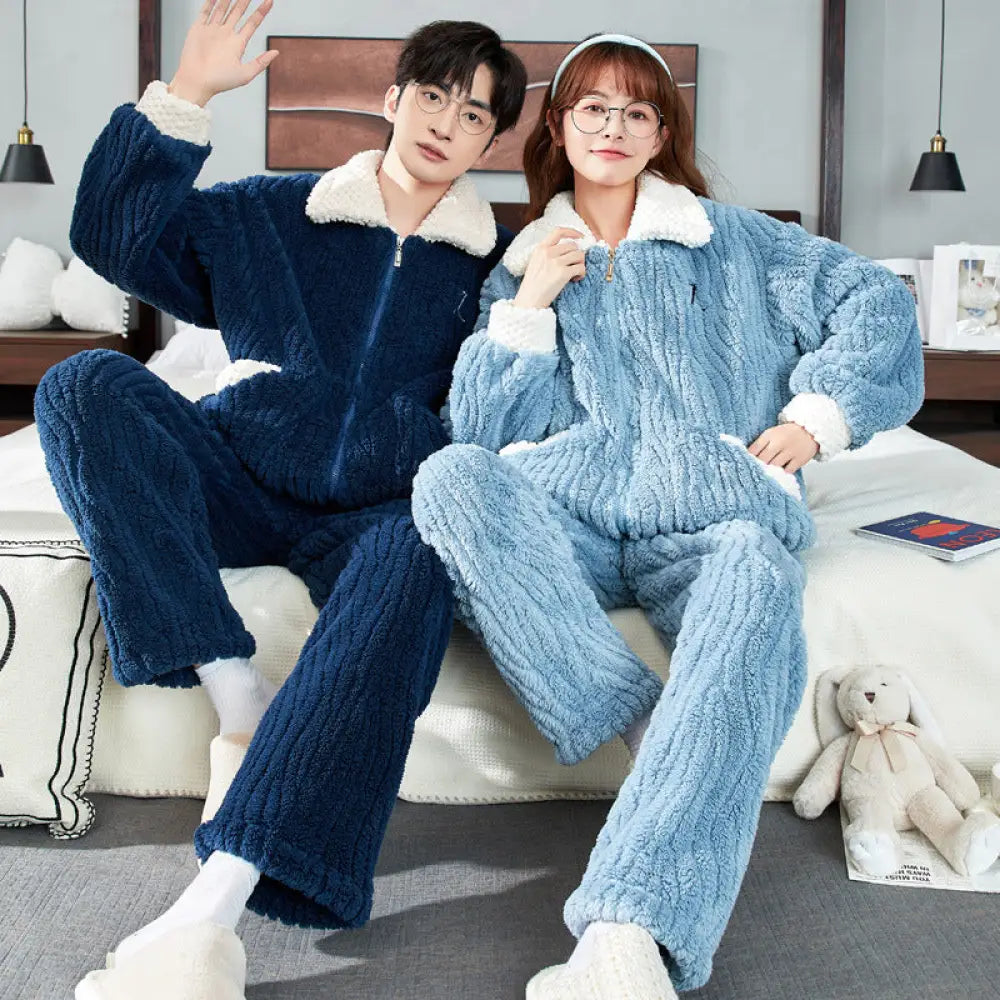 カップル パジャマ レディース コーラルフリース 秋冬用 厚手 裏起毛 メンズ フランネル ルームウェア セット ID3580 タイプ② / レディースＭ