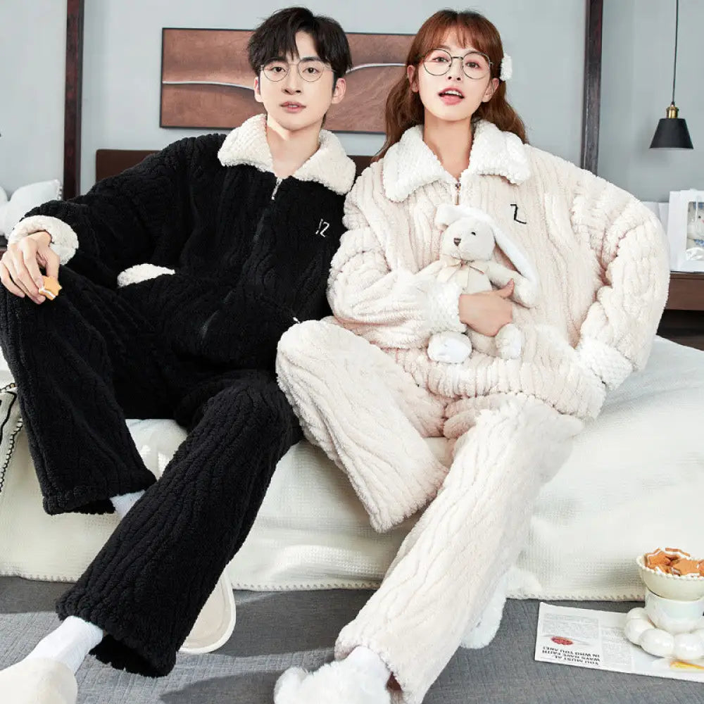 カップル パジャマ レディース コーラルフリース 秋冬用 厚手 裏起毛 メンズ フランネル ルームウェア セット ID3580 タイプ③ / レディースＭ