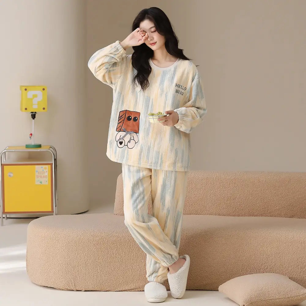 カップル パジャマ 秋冬 厚手 保温 おしゃれ ガールズスタイル セットアップ ID3776 タイプ③ / レディースＭ