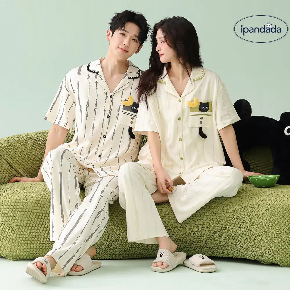 カップル パジャマ レディース メンズ 新作 半袖 ロングパンツ 可愛い キャット柄 ルームウェア セット ID4408