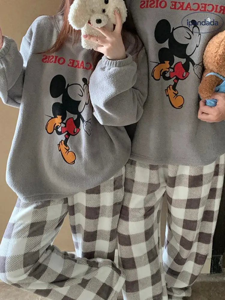 カップル パジャマ レディース 秋冬 珊瑚フリース 厚手 フリース裏起毛 セットアップ かわいい キャラクター チェック ミッキー メンズ ホームウェア 暖かい 柔らかい 保温 快適 おしゃれ ID2837