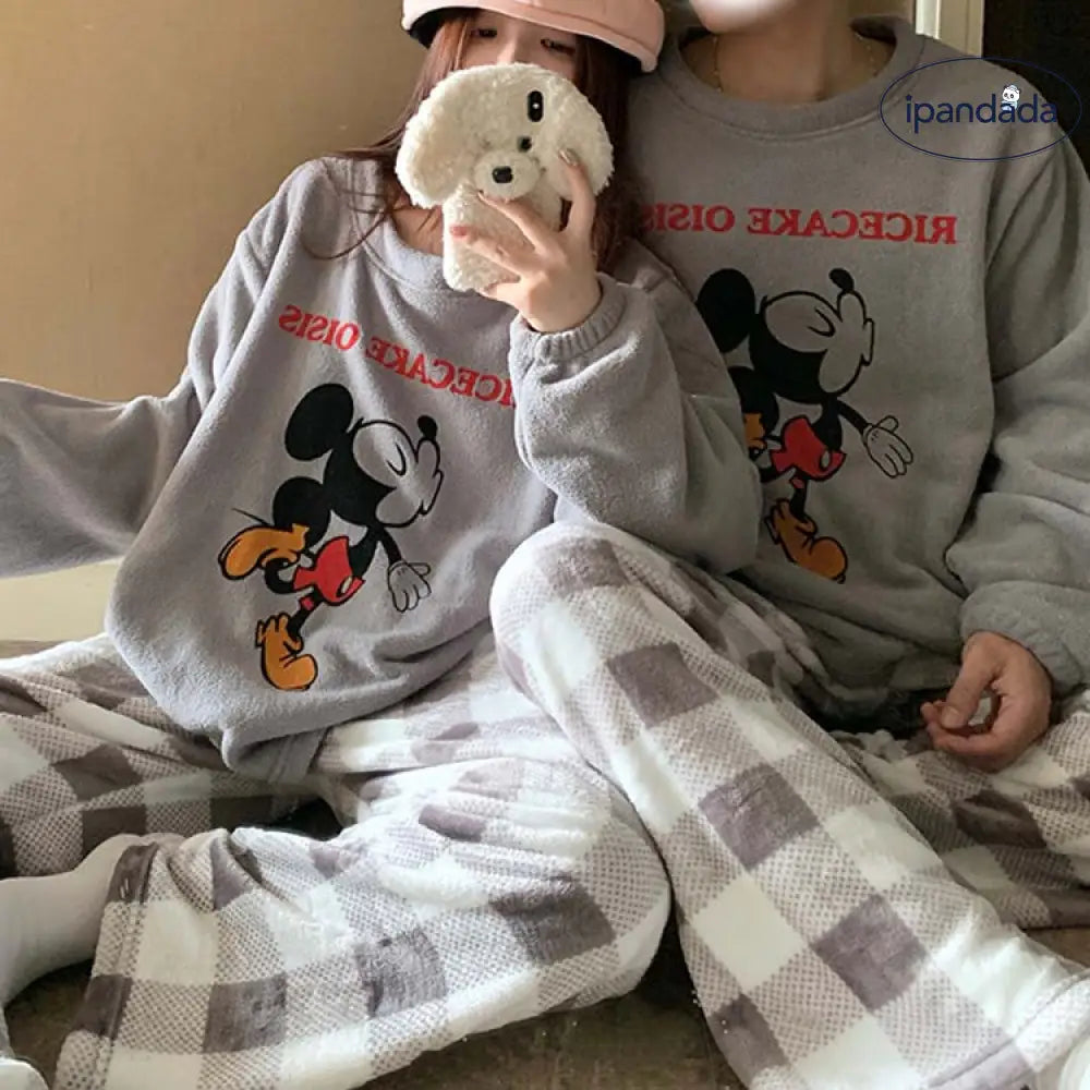 カップル パジャマ レディース 秋冬 珊瑚フリース 厚手 フリース裏起毛 セットアップ かわいい キャラクター チェック ミッキー メンズ ホームウェア 暖かい 柔らかい 保温 快適 おしゃれ ID2837