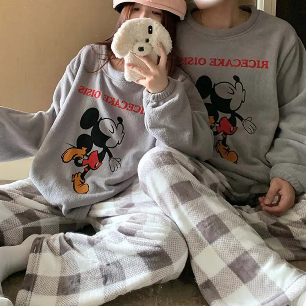 カップル パジャマ レディース 秋冬 珊瑚フリース 厚手 フリース裏起毛 セットアップ かわいい キャラクター チェック ミッキー メンズ ホームウェア 暖かい 柔らかい 保温 快適 おしゃれ ID2837 写真通り / レディースＭ