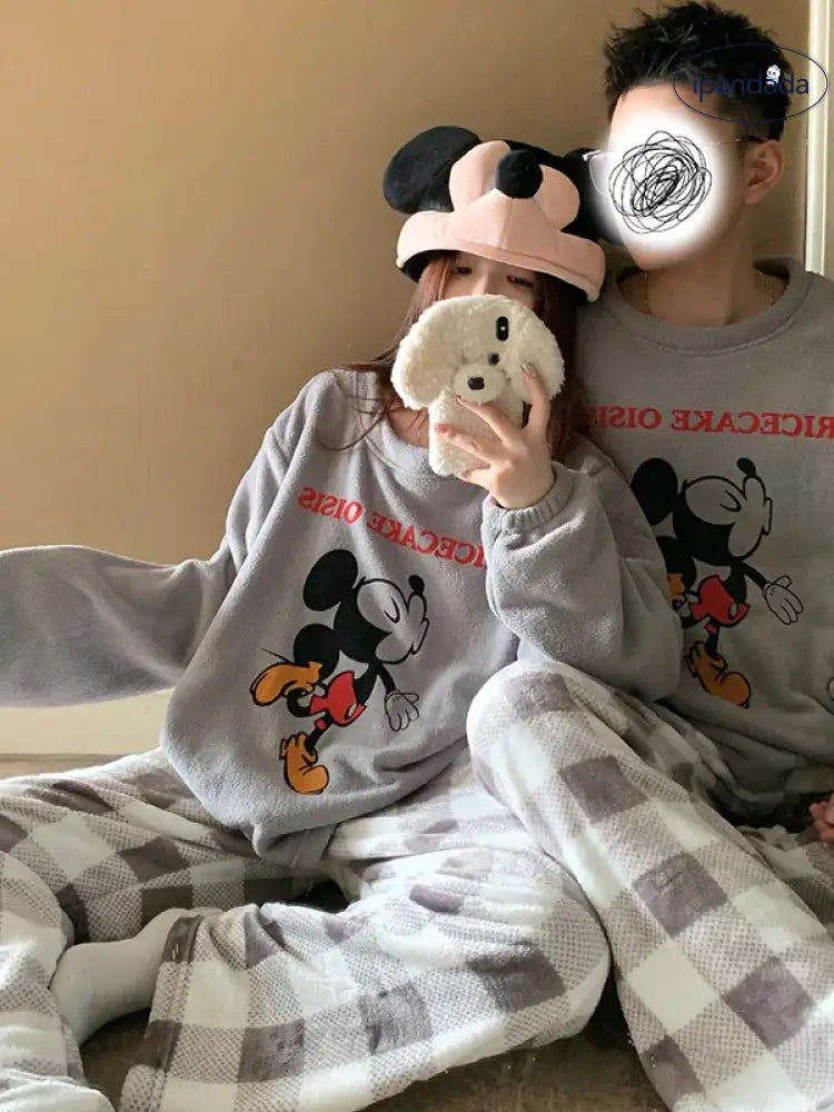 カップル パジャマ レディース 秋冬 珊瑚フリース 厚手 フリース裏起毛 セットアップ かわいい キャラクター チェック ミッキー メンズ ホームウェア 暖かい 柔らかい 保温 快適 おしゃれ ID2837