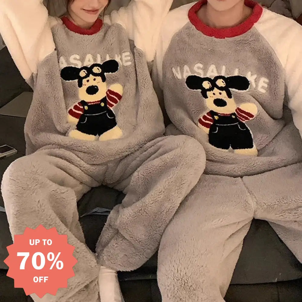 カップル パジャマ レディース 秋冬 コーラル フリース 加厚 加フリース 可愛い カートゥーン アルファベット 小犬 メンズ ルームウェア セット ID2911