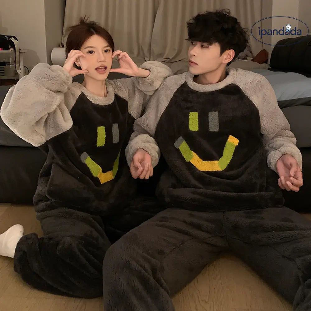 カップル パジャマ レディース 秋冬 コーラル フリース 加厚 加フリース 可愛い カートゥーン アルファベット 小犬 メンズ ルームウェア セット ID2911