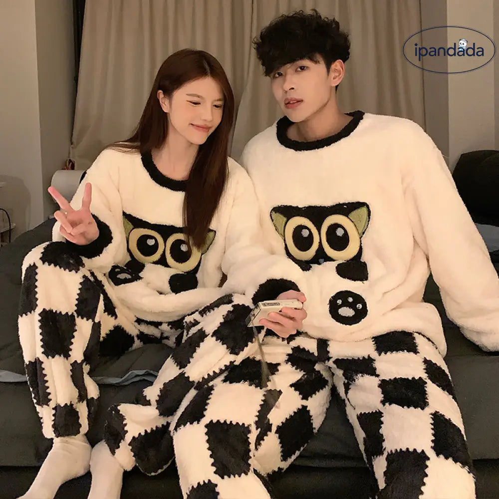 カップル パジャマ レディース 秋冬 コーラル フリース 加厚 加フリース 可愛い カートゥーン アルファベット 小犬 メンズ ルームウェア セット ID2911