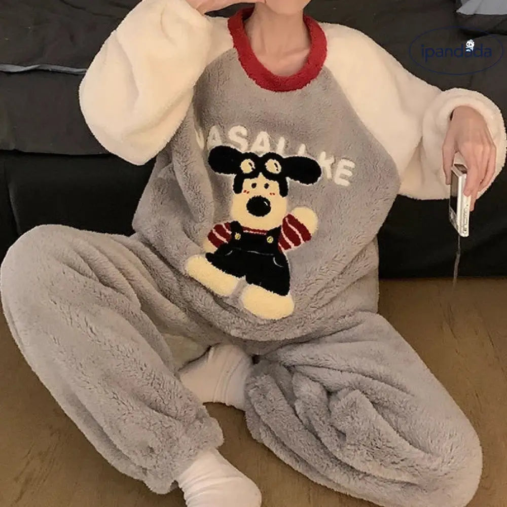 カップル パジャマ レディース 秋冬 コーラル フリース 加厚 加フリース 可愛い カートゥーン アルファベット 小犬 メンズ ルームウェア セット ID2911