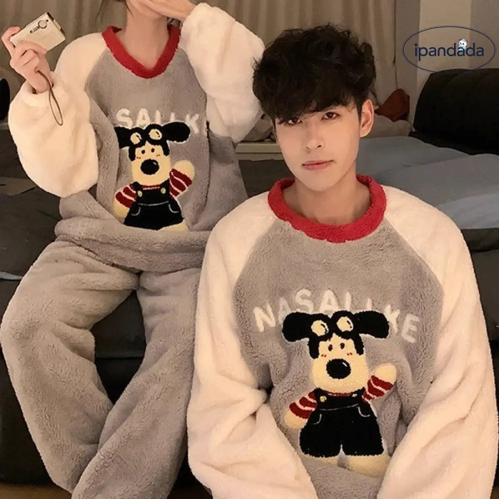 カップル パジャマ レディース 秋冬 コーラル フリース 加厚 加フリース 可愛い カートゥーン アルファベット 小犬 メンズ ルームウェア セット ID2911