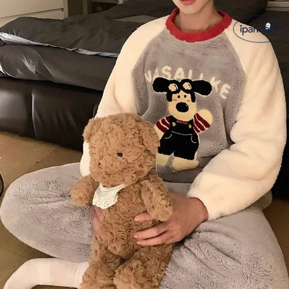 カップル パジャマ レディース 秋冬 コーラル フリース 加厚 加フリース 可愛い カートゥーン アルファベット 小犬 メンズ ルームウェア セット ID2911