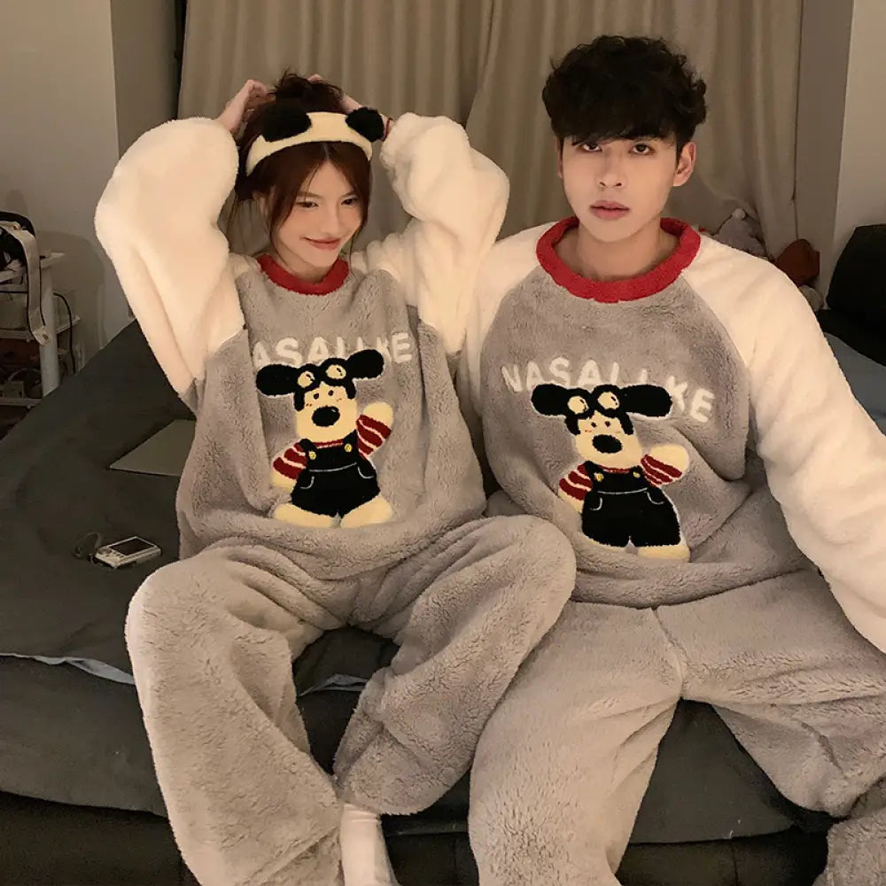カップル パジャマ レディース 秋冬 コーラル フリース 加厚 加フリース 可愛い カートゥーン アルファベット 小犬 メンズ ルームウェア セット ID2911 タイプ① / レディースＭ