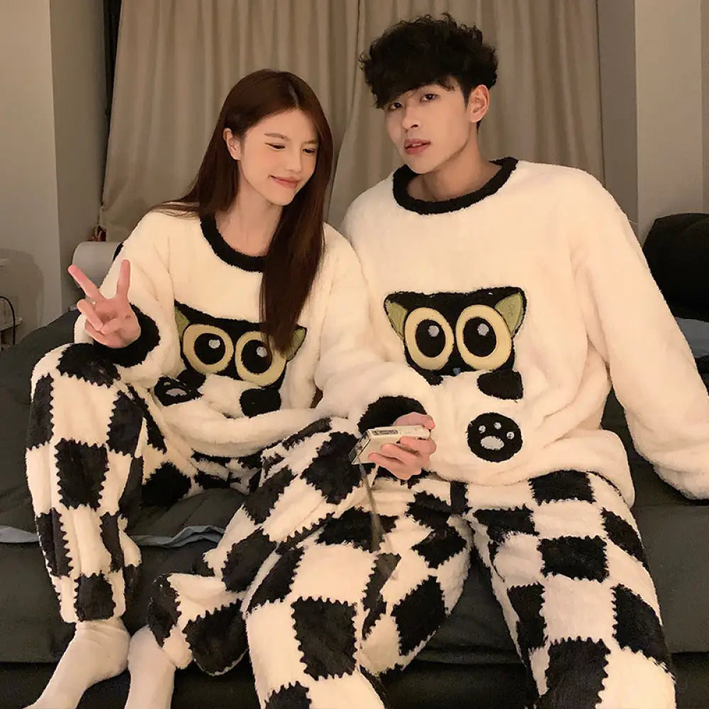 カップル パジャマ レディース 秋冬 コーラル フリース 加厚 加フリース 可愛い カートゥーン アルファベット 小犬 メンズ ルームウェア セット ID2911 タイプ③ / レディースＭ