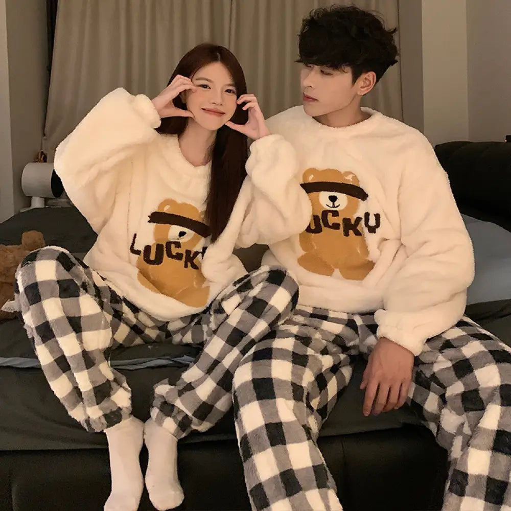 カップル パジャマ レディース 秋冬 コーラル フリース 加厚 加フリース 可愛い カートゥーン アルファベット 小犬 メンズ ルームウェア セット ID2911 タイプ⑤ / レディースＭ