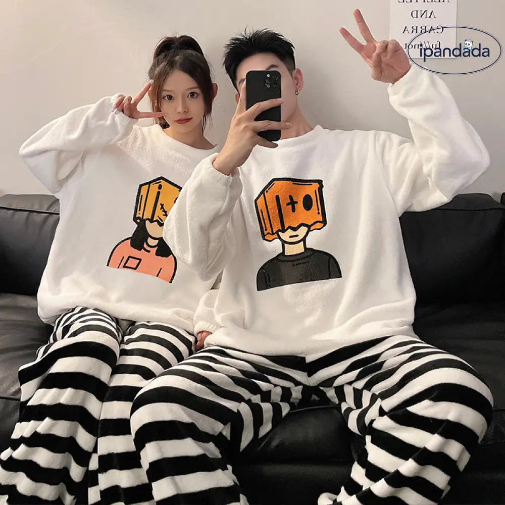 カップル パジャマ レディース 秋冬 コーラル フリース 加フリース 可愛い カートゥーン チェック メンズ レディース ルームウェア セット ID2916