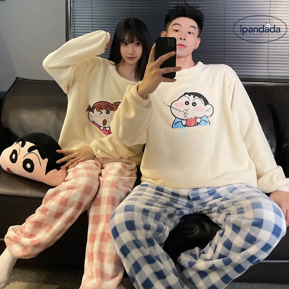 カップル パジャマ レディース 秋冬 コーラル フリース 加フリース 可愛い カートゥーン チェック メンズ レディース ルームウェア セット ID2916