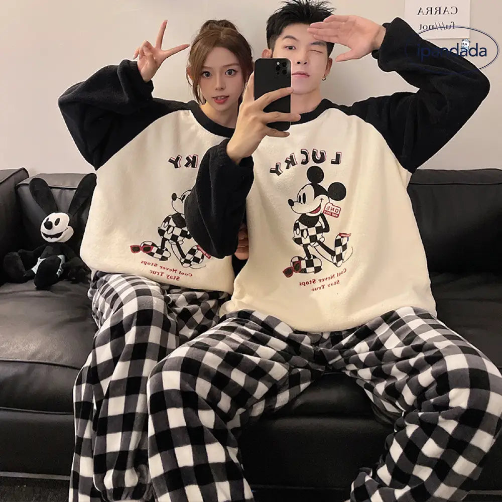 カップル パジャマ レディース 秋冬 コーラル フリース 加フリース 可愛い カートゥーン チェック メンズ レディース ルームウェア セット ID2916
