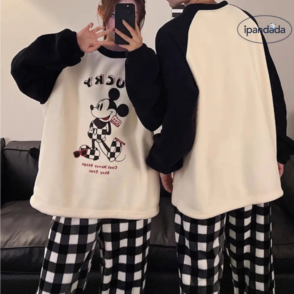 カップル パジャマ レディース 秋冬 コーラル フリース 加フリース 可愛い カートゥーン チェック メンズ レディース ルームウェア セット ID2916