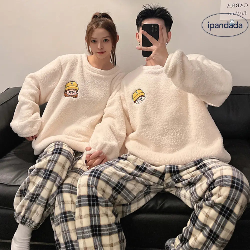 カップル パジャマ レディース 秋冬 コーラル フリース 加フリース 可愛い カートゥーン チェック メンズ レディース ルームウェア セット ID2916