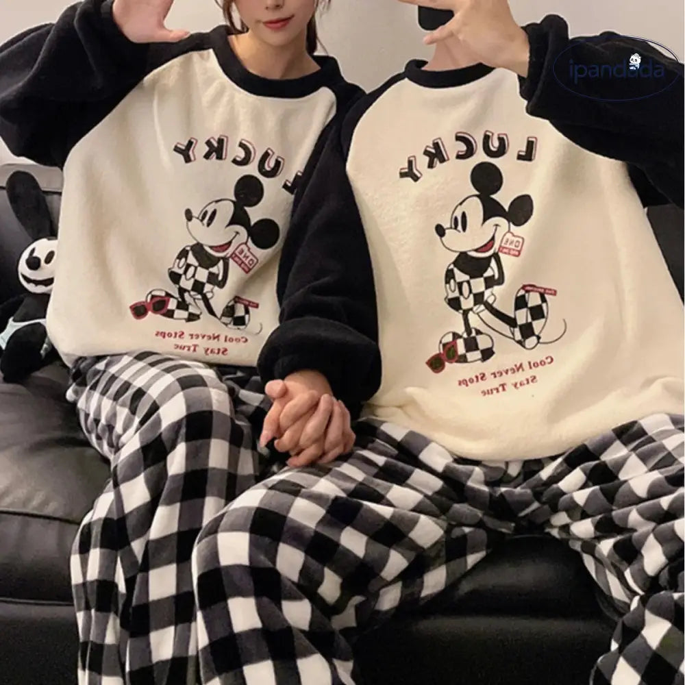 カップル パジャマ レディース 秋冬 コーラル フリース 加フリース 可愛い カートゥーン チェック メンズ レディース ルームウェア セット ID2916