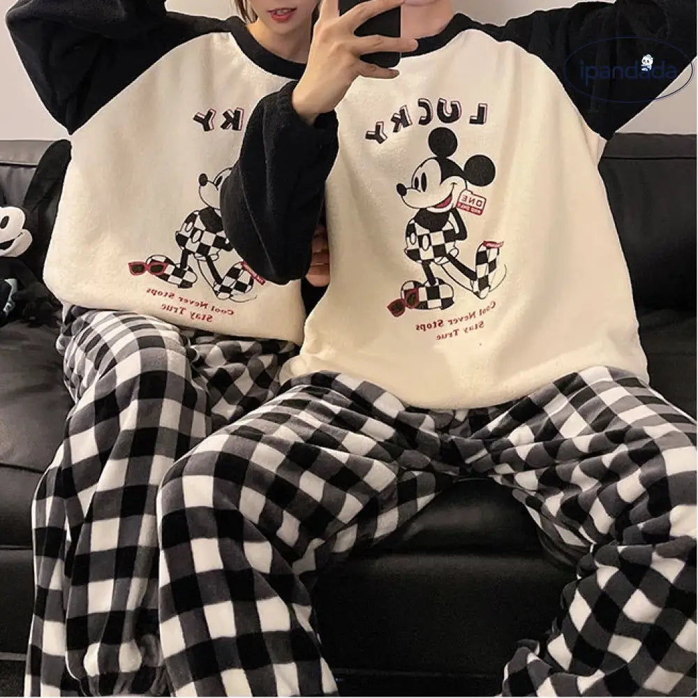 カップル パジャマ レディース 秋冬 コーラル フリース 加フリース 可愛い カートゥーン チェック メンズ レディース ルームウェア セット ID2916