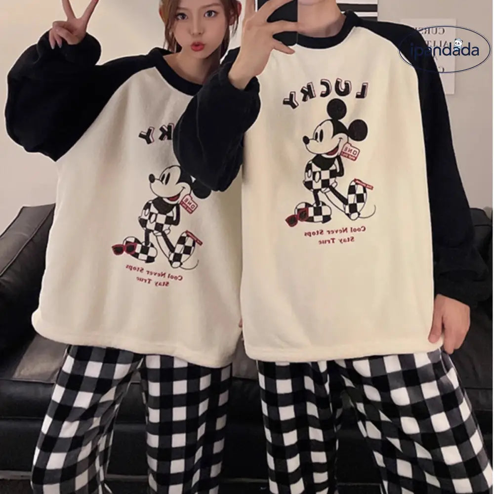 カップル パジャマ レディース 秋冬 コーラル フリース 加フリース 可愛い カートゥーン チェック メンズ レディース ルームウェア セット ID2916