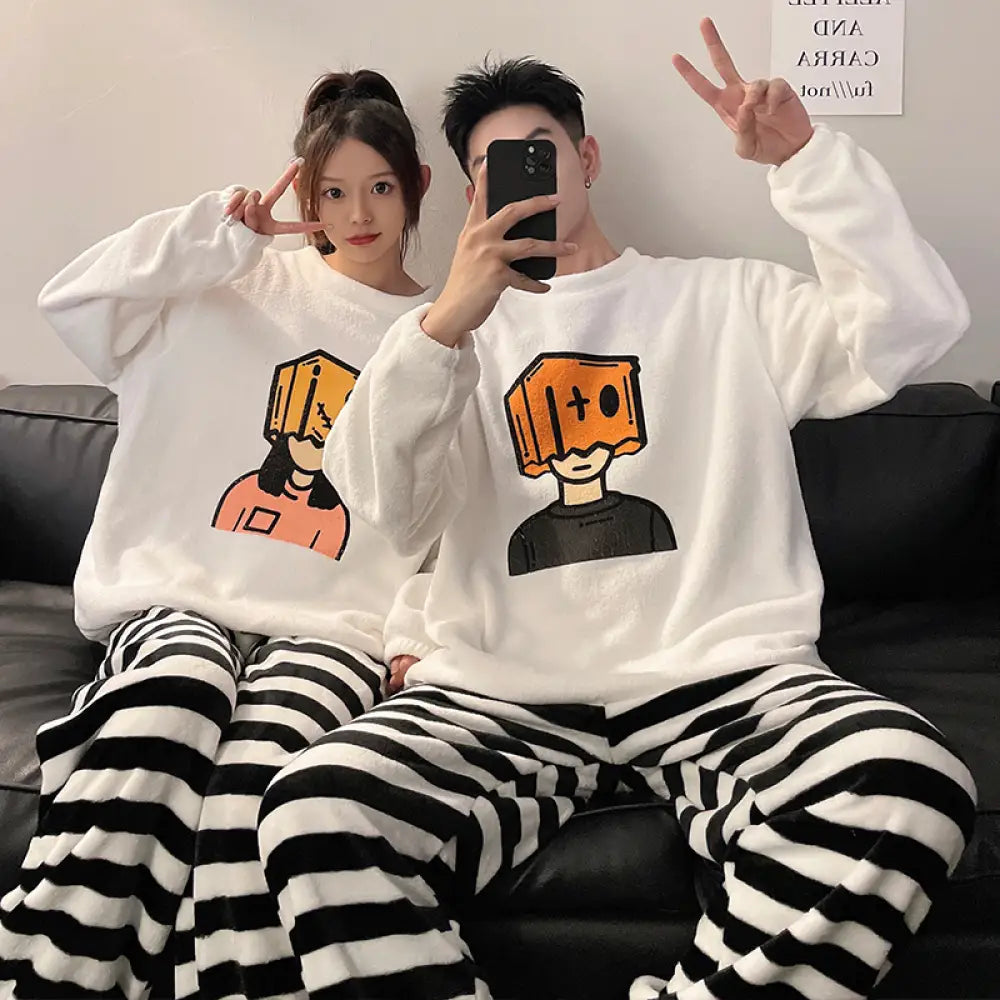 カップル パジャマ レディース 秋冬 コーラル フリース 加フリース 可愛い カートゥーン チェック メンズ レディース ルームウェア セット ID2916 タイプ④ / レディースＭ