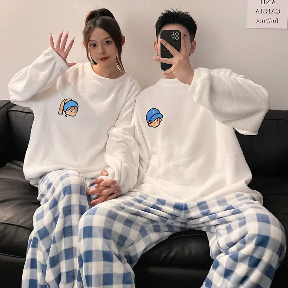 カップル パジャマ レディース 秋冬 コーラル フリース 加フリース 可愛い カートゥーン チェック メンズ レディース ルームウェア セット ID2916 タイプ③ / レディースＭ