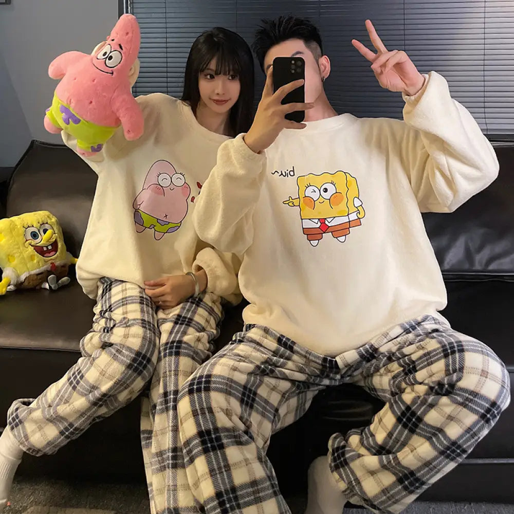 カップル パジャマ レディース 秋冬 コーラル フリース 加フリース 可愛い カートゥーン チェック メンズ レディース ルームウェア セット ID2916 タイプ⑥ / レディースＭ