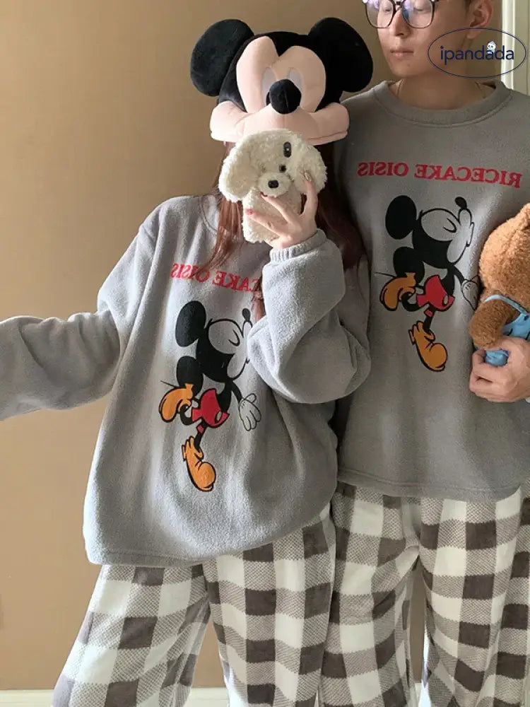 カップル パジャマ レディース 秋冬 珊瑚フリース 厚手 フリース裏起毛 セットアップ かわいい キャラクター チェック ミッキー メンズ ホームウェア 暖かい 柔らかい 保温 快適 おしゃれ ID2837