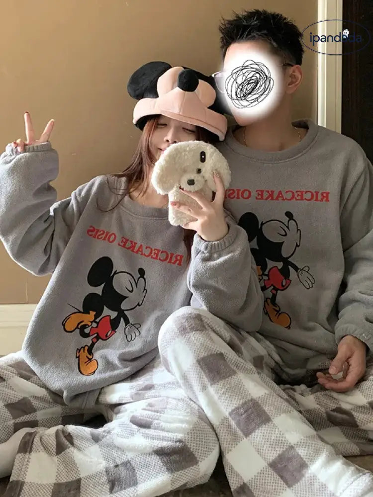 カップル パジャマ レディース 秋冬 珊瑚フリース 厚手 フリース裏起毛 セットアップ かわいい キャラクター チェック ミッキー メンズ ホームウェア 暖かい 柔らかい 保温 快適 おしゃれ ID2837