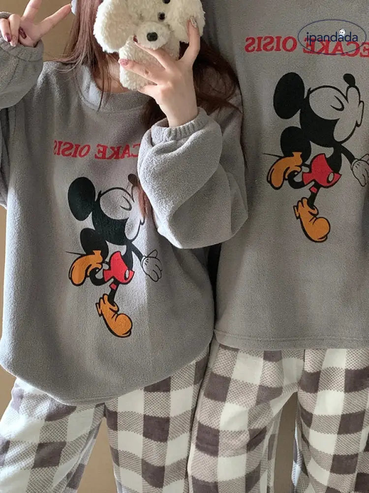 カップル パジャマ レディース 秋冬 珊瑚フリース 厚手 フリース裏起毛 セットアップ かわいい キャラクター チェック ミッキー メンズ ホームウェア 暖かい 柔らかい 保温 快適 おしゃれ ID2837