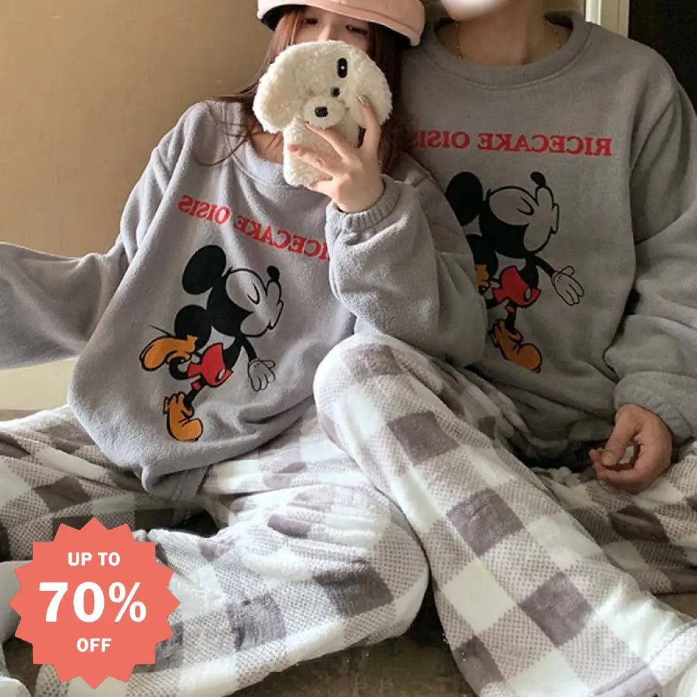 カップル パジャマ レディース 秋冬 珊瑚フリース 厚手 フリース裏起毛 セットアップ かわいい キャラクター チェック ミッキー メンズ ホームウェア 暖かい 柔らかい 保温 快適 おしゃれ ID2837